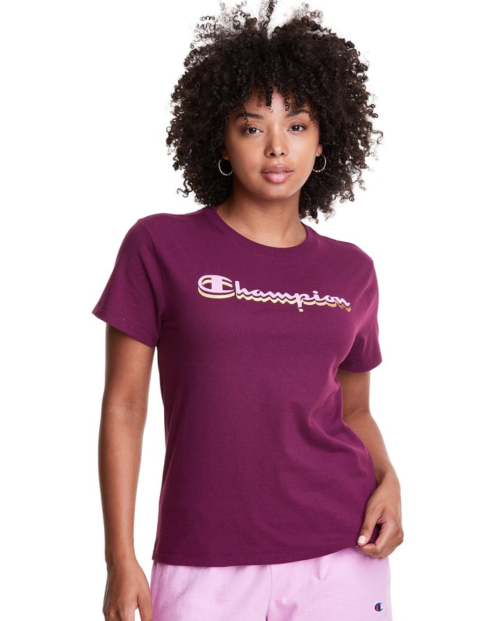 Champion T-Shirt Dames - DonkerPaars - Classic Drop Shadow Foil Script Logo ( 539170-NYD )